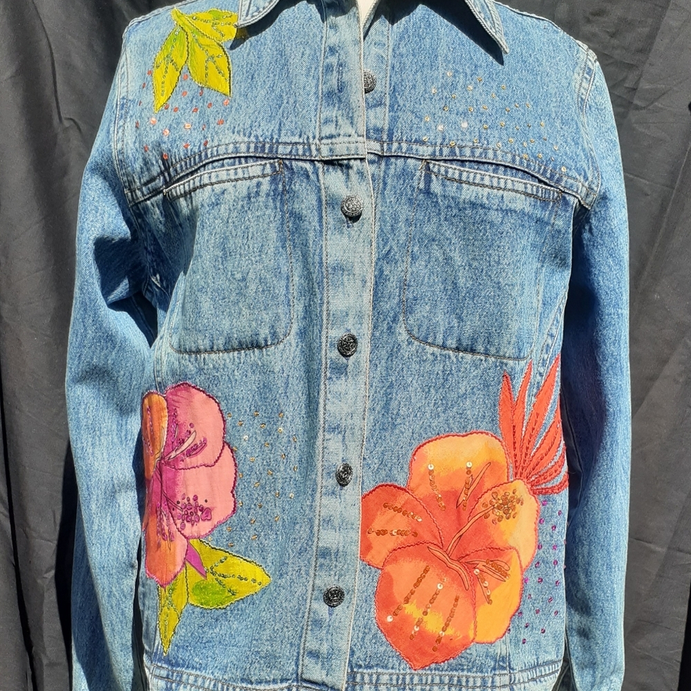 Denim Light weight Jacket w/ Colorful Designs sz. S
